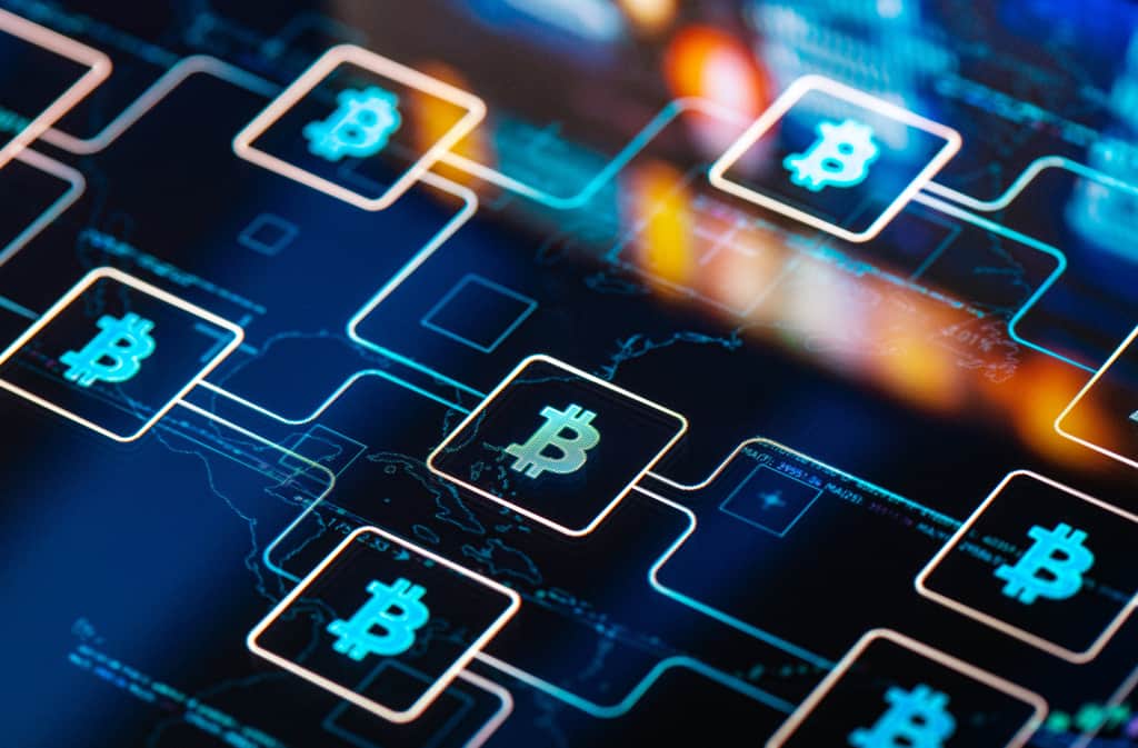 Digital Bitcoin ecosystem with blockchain lending platforms and payment network infrastructure